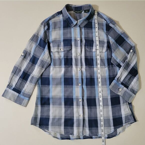 Eddie Bauer Women's Blue Plaid Cotton Rayon Button-Down Elbow-length Sleeve - Picture 4 of 13
